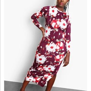 NWOT Rebdolls "Take Me Out" Floral Long Sleeve Bodycon Midi Dress - Burgundy